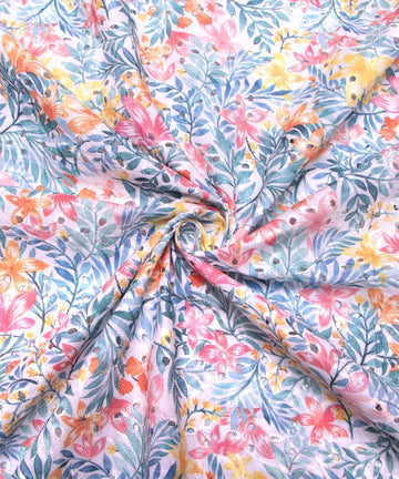 White Color Floral Digital Printed Cotton ChikanKari Embroidery Fabric